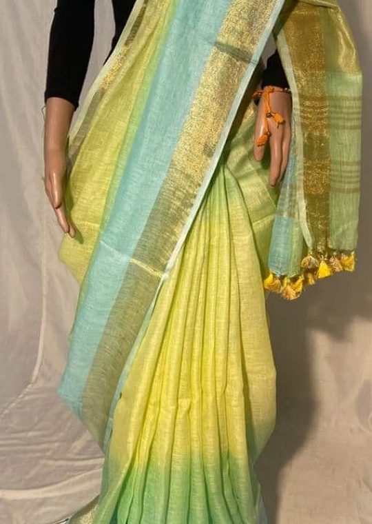 Lemon Yellow with Sky Blue and Green with Golden Border Multidye Linen Saree