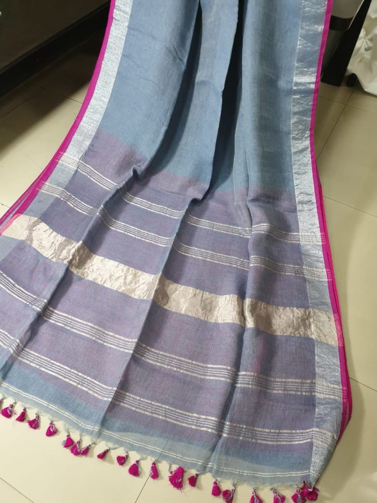 Light Grey with Silver and Pink Border plain Linen Saree