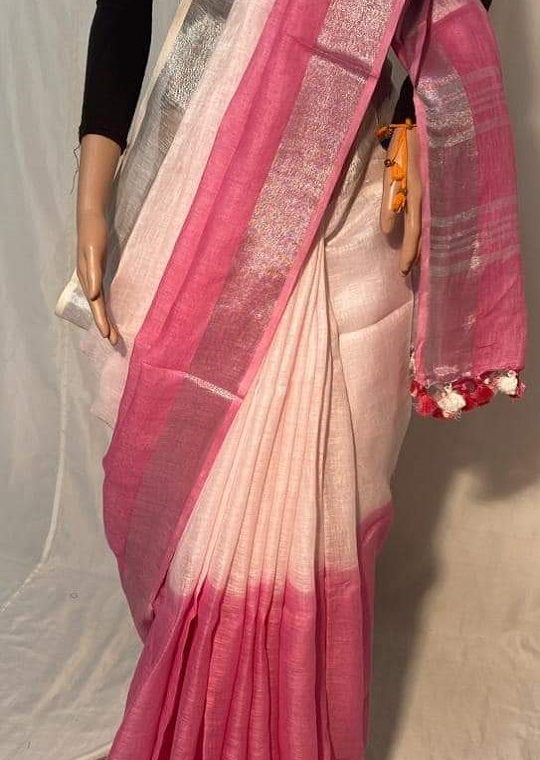 Light Pink and Dark Pink half n half with Silver Border Multidye Linen Saree