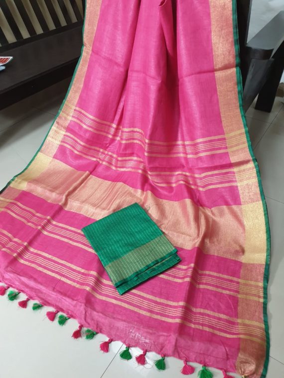 Pink with golden and Green Border plain Linen Saree