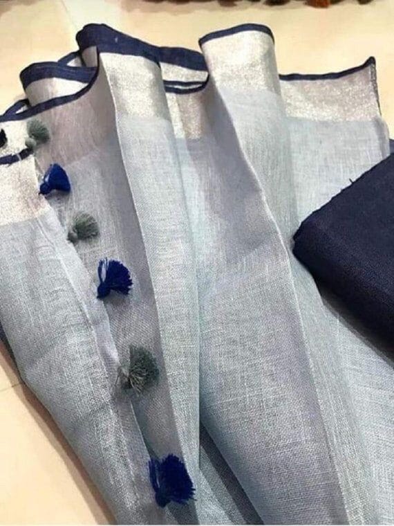 Light-Grey Linen Saree with Silver Navy Blue border