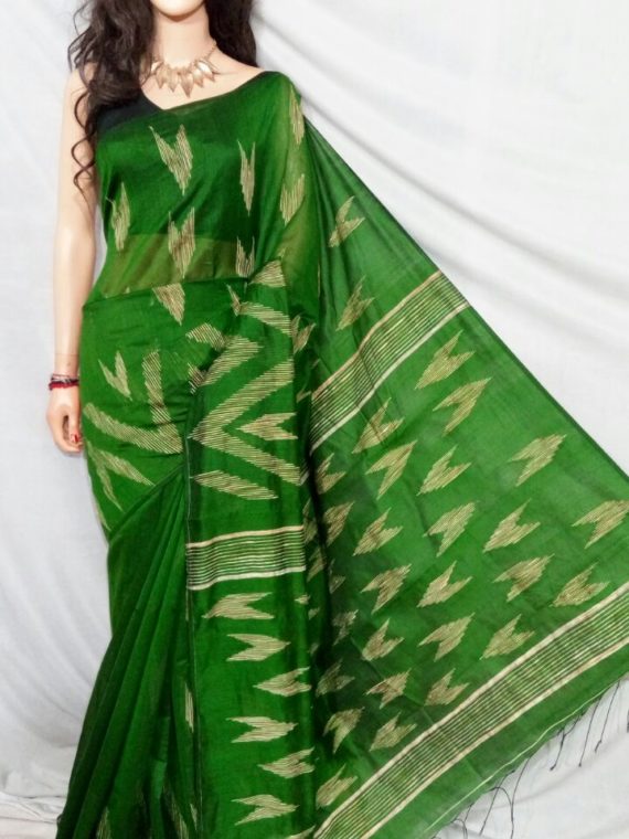 Mehendi Green with Golden Zig Zag Design Cotton Silk Saree