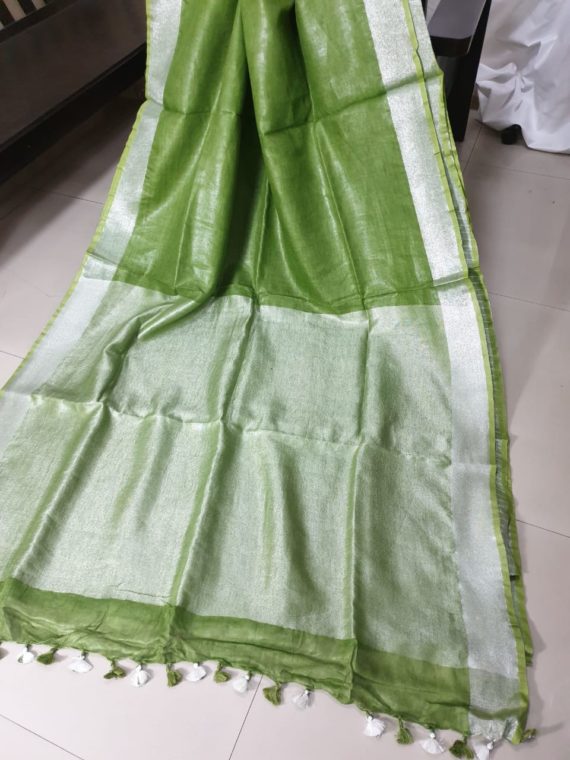 Mehendi Green with Silver Border plain Linen Saree