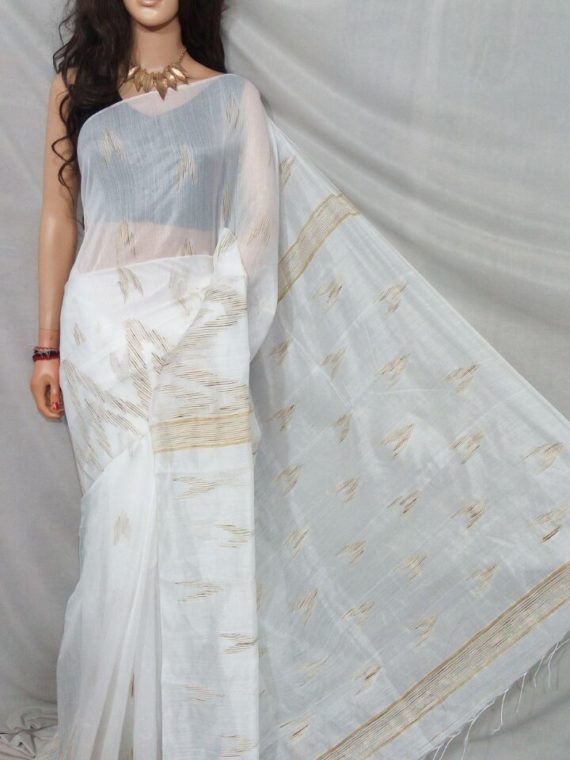Milky White with Zig Zag Design Cotton Silk Saree