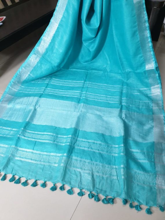 Ocean Blue with Silver Border plain Linen Saree