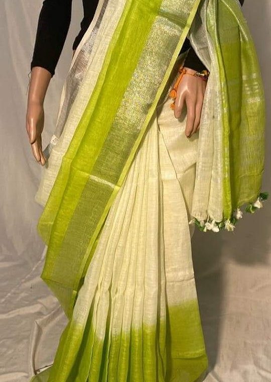 Off White and Mehendi Green half n half with Goden Border Multidye Linen Saree