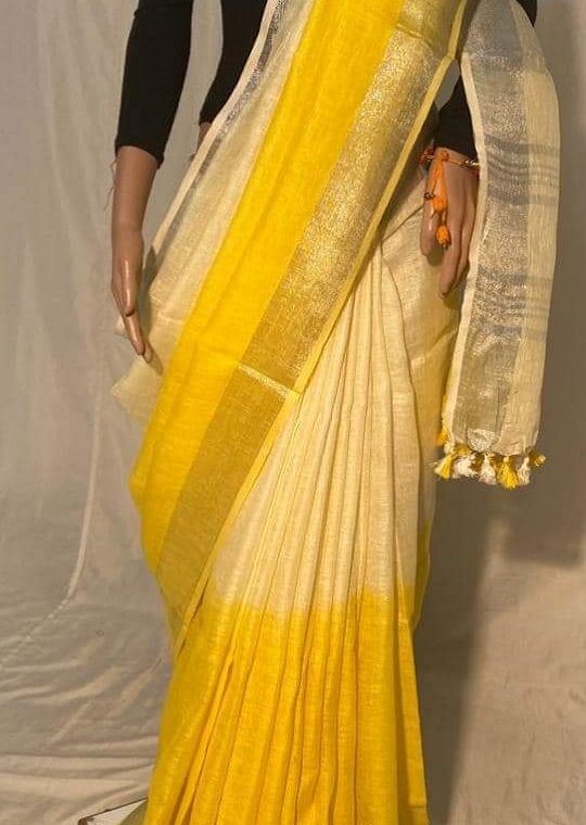 Off White and Yellow half n half with Golden Border Linen Saree