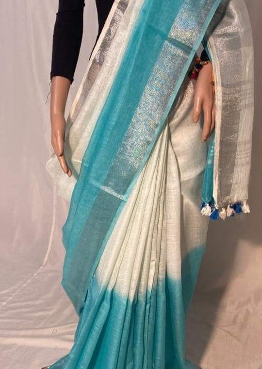 Off White with Blue half n half with Silver Border Multidye Linen Saree