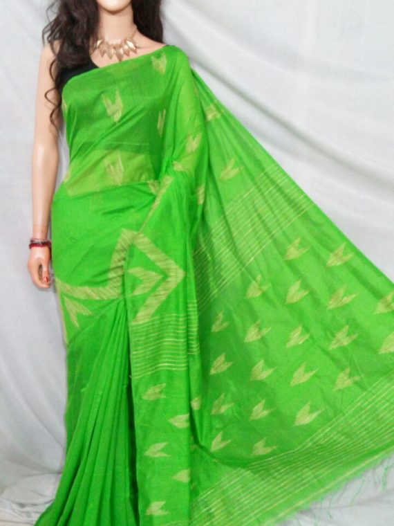 Parrot Green with Golden Zig Zag Design Cotton Silk Saree