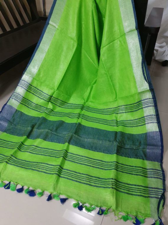 Parrot Green with Silver and Blue Border plain Linen Saree