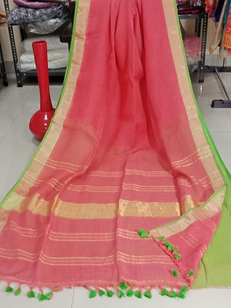 Peach Pink with Golden and Green Border plain Linen Saree