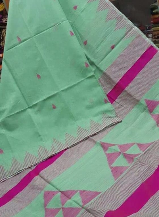 Pista Green with Pink Triangular design pallu soft Cotton Silk Saree
