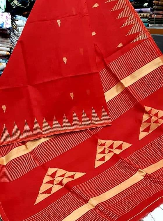 Red with Golden Triangular design pallu soft Cotton Silk Saree