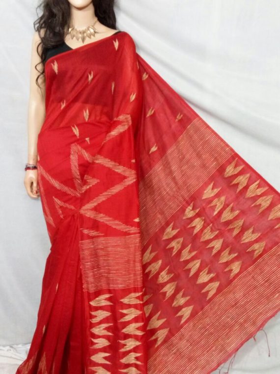 Red with Zig Zag Design Cotton Silk Saree