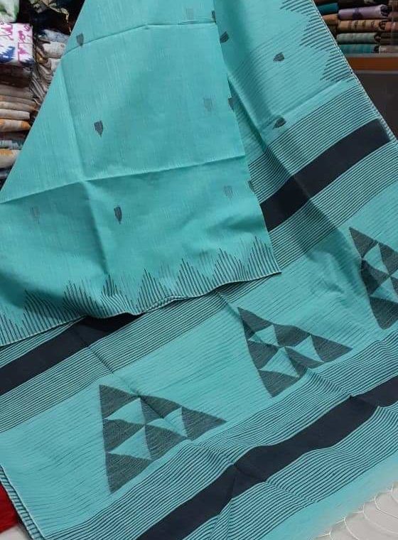 Sea Blue with Black Triangular design pallu soft Cotton Silk Saree