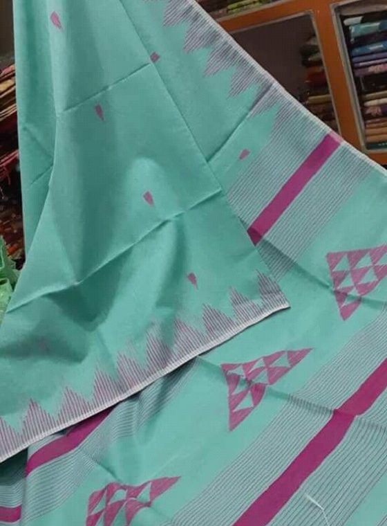 Sea Green with Pink Triangular design pallu soft Cotton Silk Saree