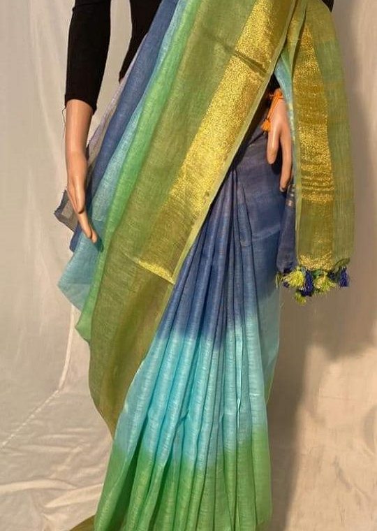 Slate Blue Sky Blue Light Green and Mehendi Green with Goden Border Multidye Linen Saree