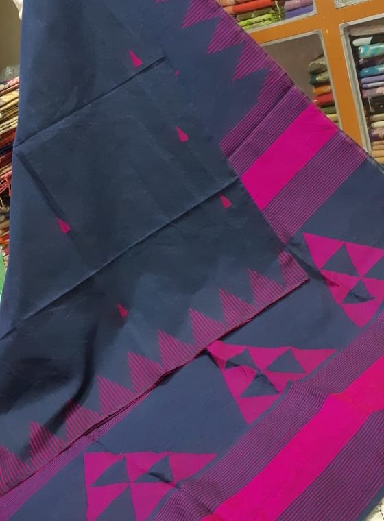 Slate Grey with Pink Triangular design pallu soft Cotton Silk Saree
