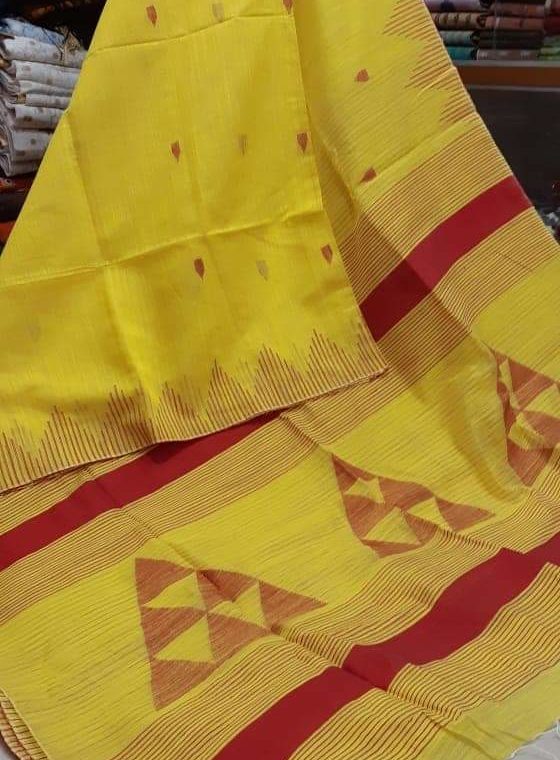 Yellow with Red Triangular design pallu soft Cotton Silk Saree