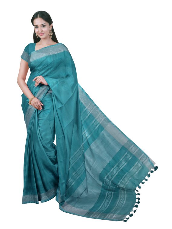 Alluring Ocean Blue Plain Linen Saree with Silver Border