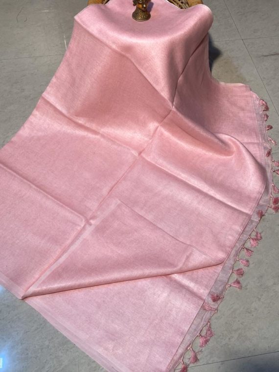 Baby Pink plain linen saree with no Zari border