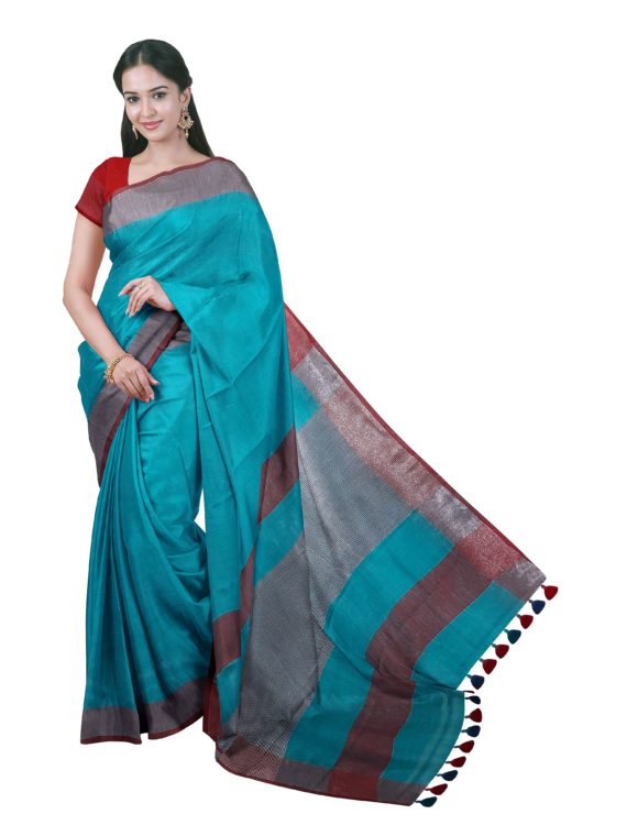 Beautiful Turquoise Plain Linen Saree with Maroon Silver Border