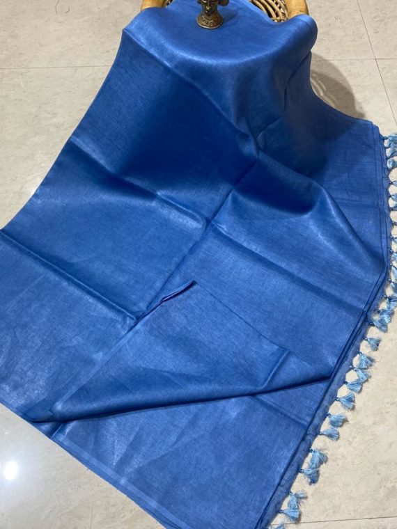 Blue plain linen saree with no zari broder