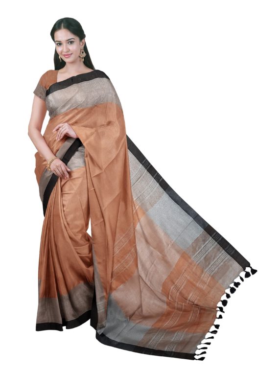 Captivating _ Subtle Light Brown Plain Linen Saree with Silver _ Black Border