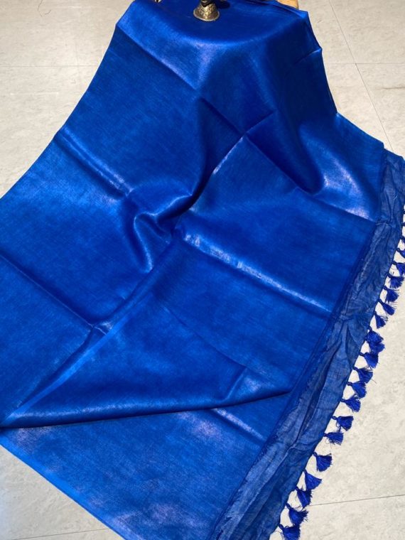 Dark blue plain linen saree with no zari border