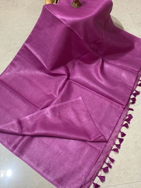 Dark pink plain linen saree with no zari border