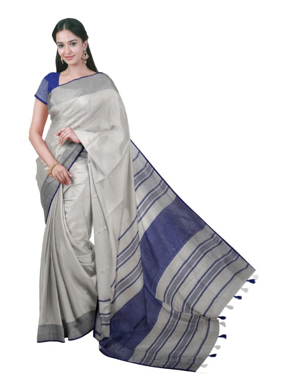 Divine White Plain Linen Saree with Royal Blue Silver Border