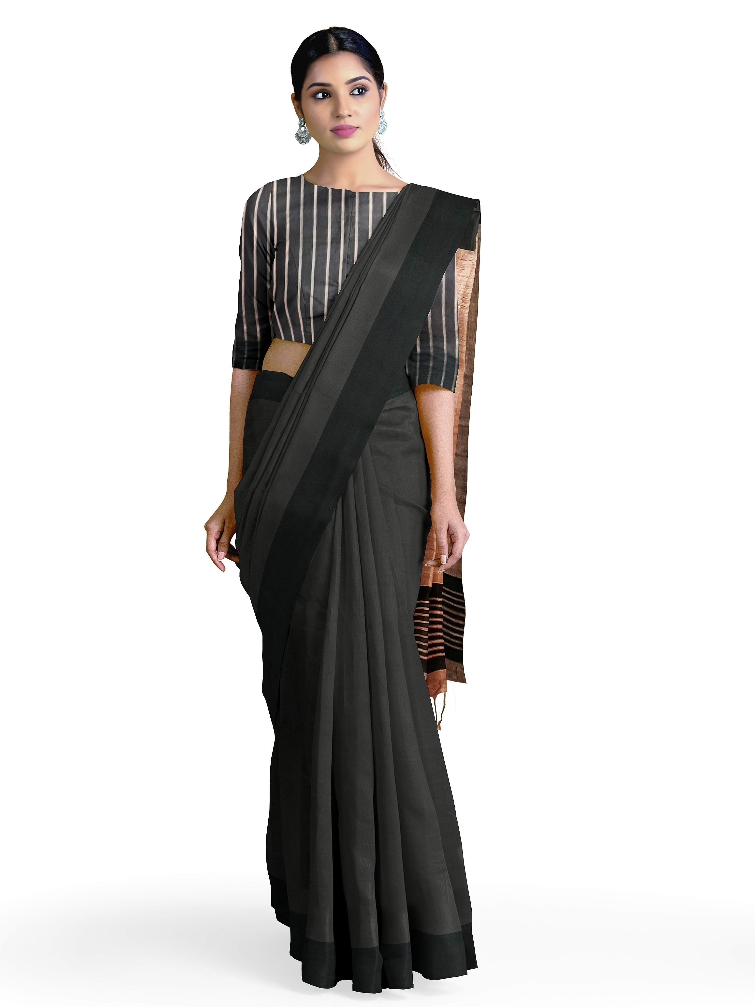 Formal Charming Blackish Brown Tussar Staple Saree with Giccha Pallu