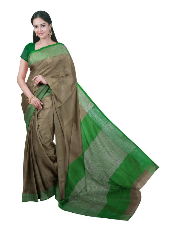 Gorgeous Mud Grey Color Plain Linen Saree with Green Pallu