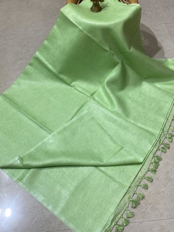 Light Green plain linen saree with no zari border