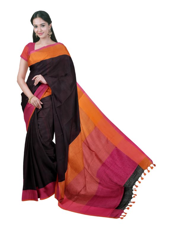 Mesmerizing Black Plain Linen Saree with Orange Pink Border