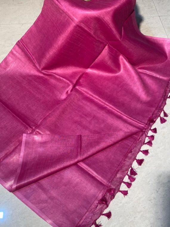 Pink plain linen saree with zo zari border