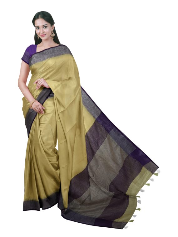 Pleasing Yellow Plain Linen Saree with Voilet Silver