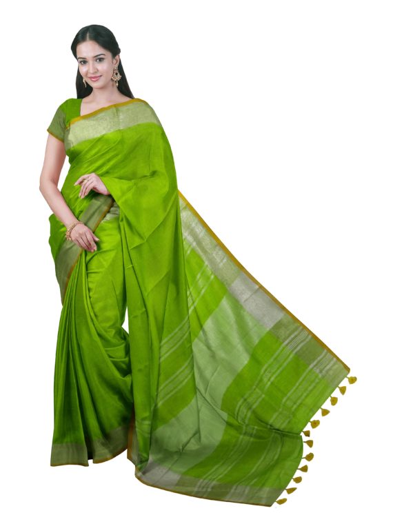 Pretty Parrot Green Plain Linen Saree with Silver _ Yellow Border