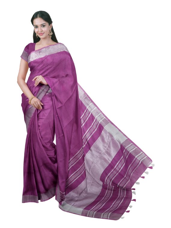 Pretty Purple Plain Linen Saree with Silver Border