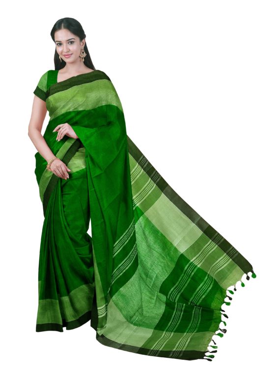 Stunning Green Plain Linen Saree with Thick Black _ Silver Border