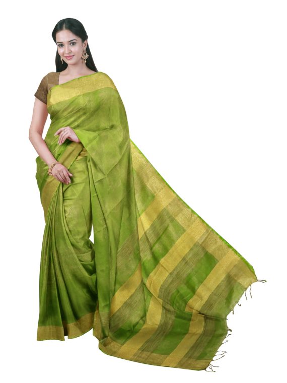 Stunning Green Tissue Linen Saree with beautiful pallu