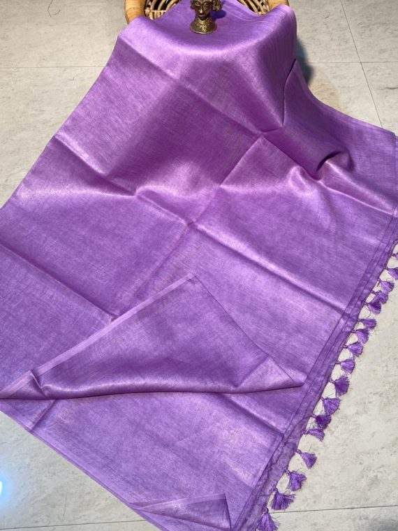 Violet plain linen saree with no zari border