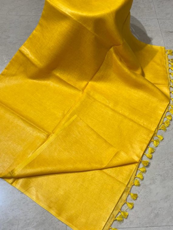 Yellow plain linen saree with no zari border