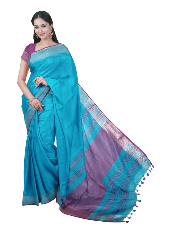 loomfolks__lot1loomfolk_Bluelinensareewithpinkblouse__silk_set3_pujitha_front__2020-1-6-18-9-49__3072X4096