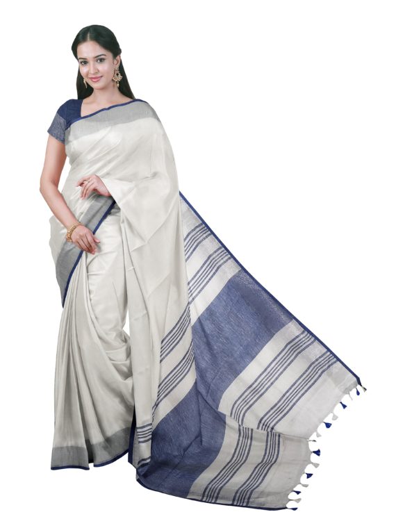 loomfolks__lot1loomfolk_Whitelinensareewithblueblouse__silk_set3_pujitha_front__2020-1-6-18-26-1__3072X4096