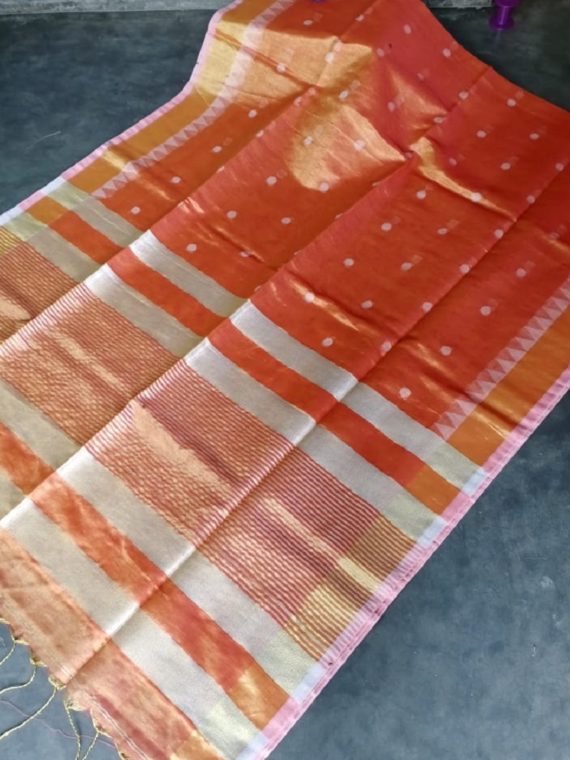 Orange Peach Tissue Linen Ball Butti Saree