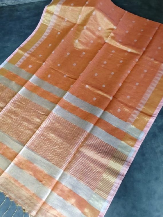 Peach Pink Tissue Linen Ball Butti Saree