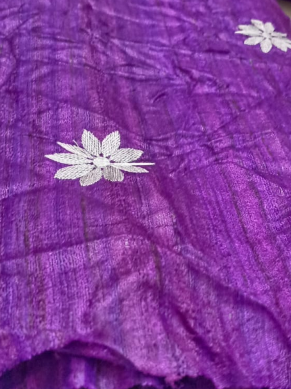 PurpleTussarGicchaFlowerEmbroiderySaree