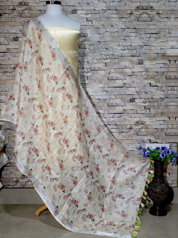 Alluring Cream Base Floral Print Digital Linen Dupatta_