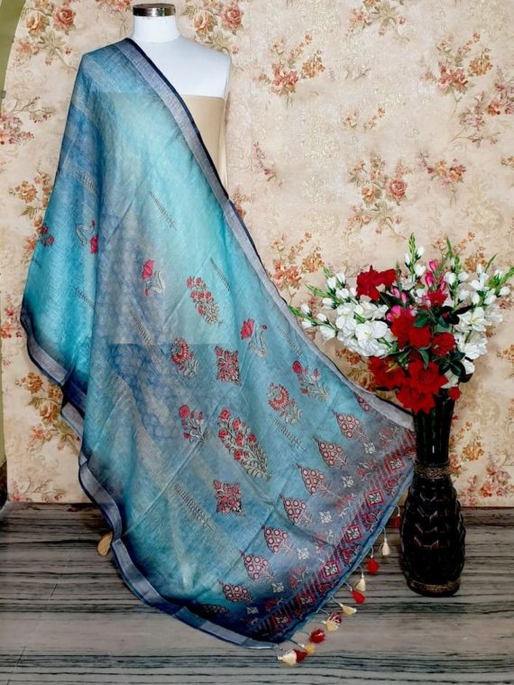 Aqua Blue Designer Digital Linen Dupatta_